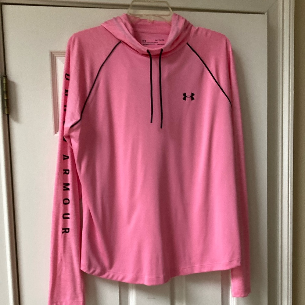Under Armour Pink pullover hoodie. One sleeve has under Armour down the arm